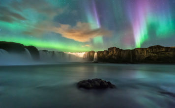 Aurora hunting at Godafoss waterfall