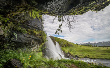 Working the scene at the Gluggafoss waterfall Gluggafoss waterfall